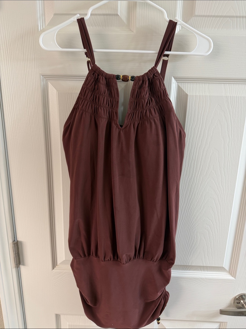 Miraclesuit Brown One-Piece Swimsuit with Smocked Neck and Bead Detail